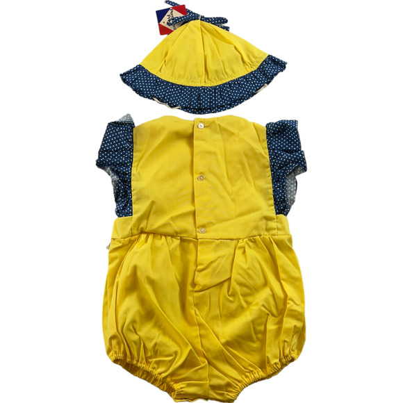 Vintage Baby Outfit Size Unknown Yellow Blue Polka Dot Jumper Embroidered Bonnet - Picture 4 of 4
